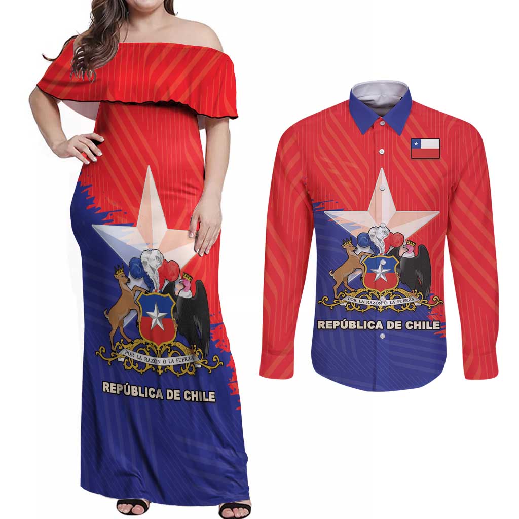 Chile Coat Of Arms Couples Matching Off Shoulder Maxi Dress and Long Sleeve Button Shirt With Flag Style - Wonder Print Shop