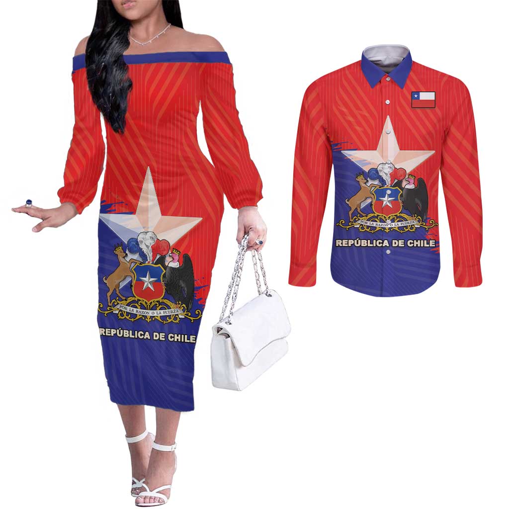 Chile Coat Of Arms Couples Matching Off The Shoulder Long Sleeve Dress and Long Sleeve Button Shirt With Flag Style