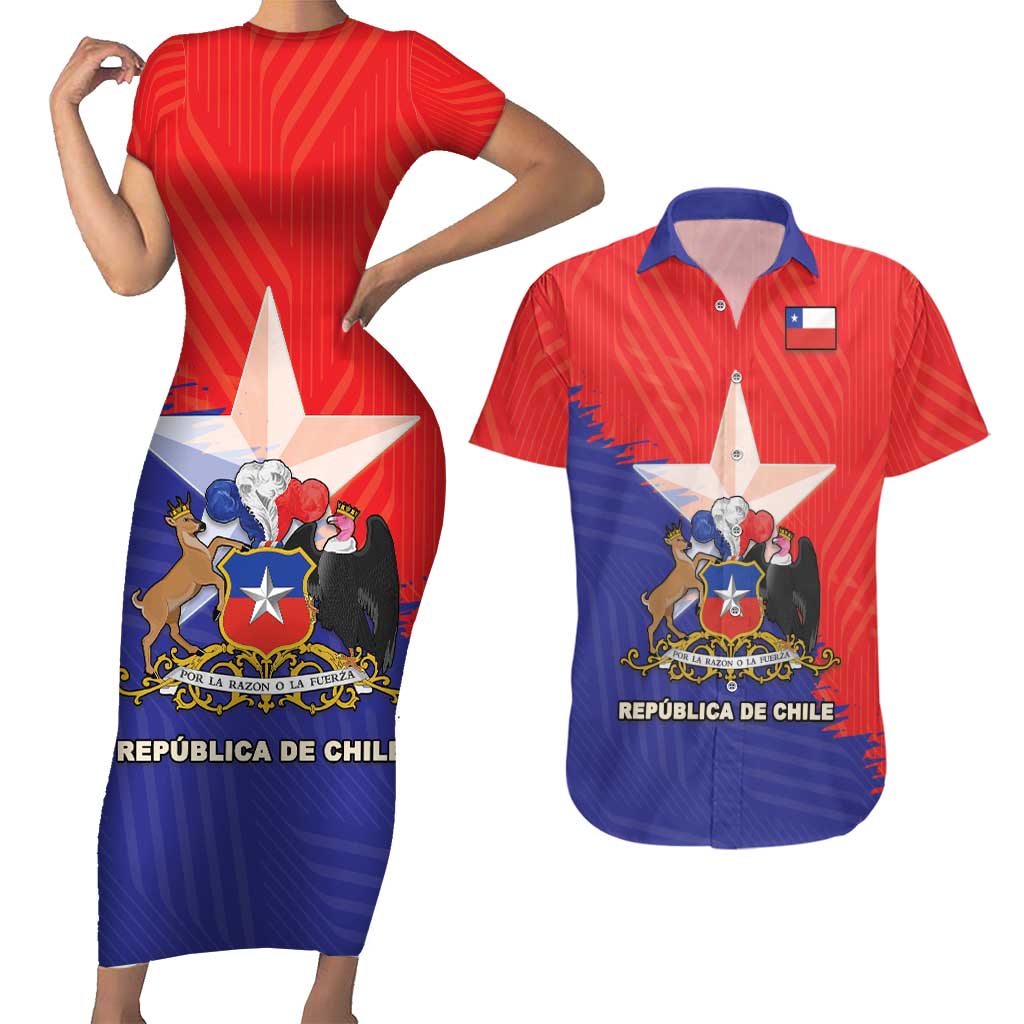 Chile Coat Of Arms Couples Matching Short Sleeve Bodycon Dress and Hawaiian Shirt With Flag Style - Wonder Print Shop