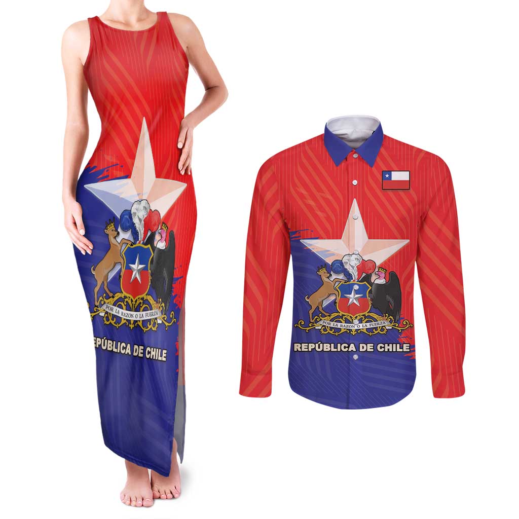 Chile Coat Of Arms Couples Matching Tank Maxi Dress and Long Sleeve Button Shirt With Flag Style - Wonder Print Shop