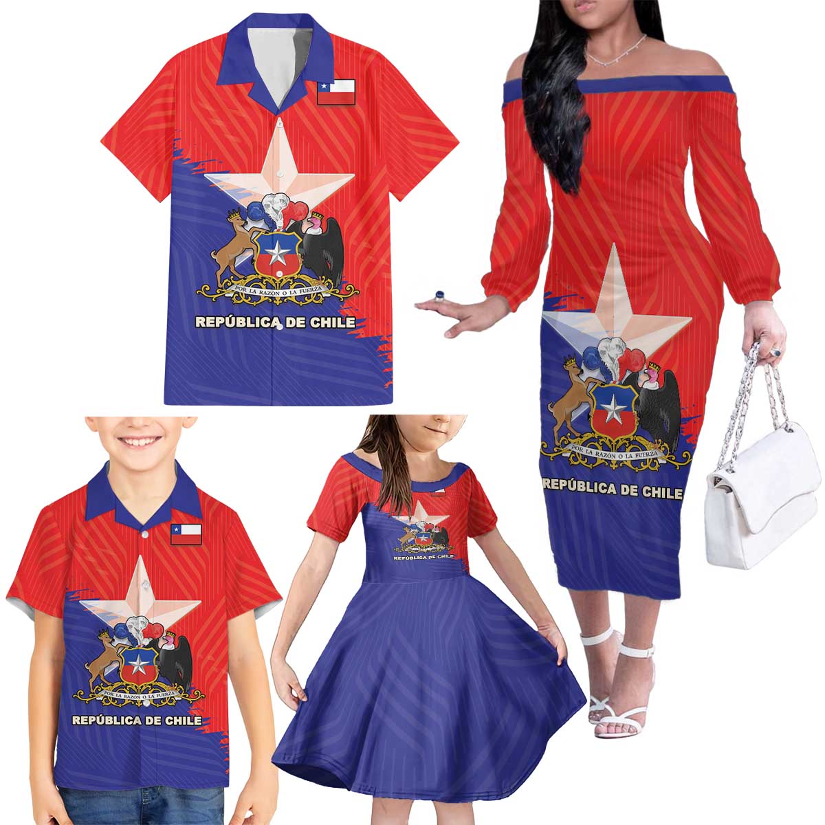 Chile Coat Of Arms Family Matching Off The Shoulder Long Sleeve Dress and Hawaiian Shirt With Flag Style - Wonder Print Shop