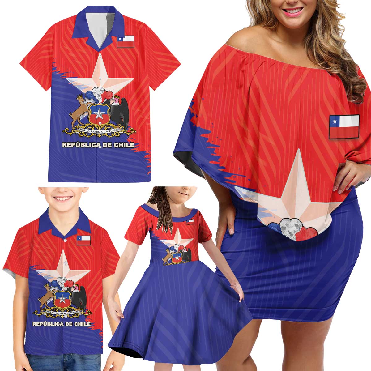 Chile Coat Of Arms Family Matching Off Shoulder Short Dress and Hawaiian Shirt With Flag Style - Wonder Print Shop