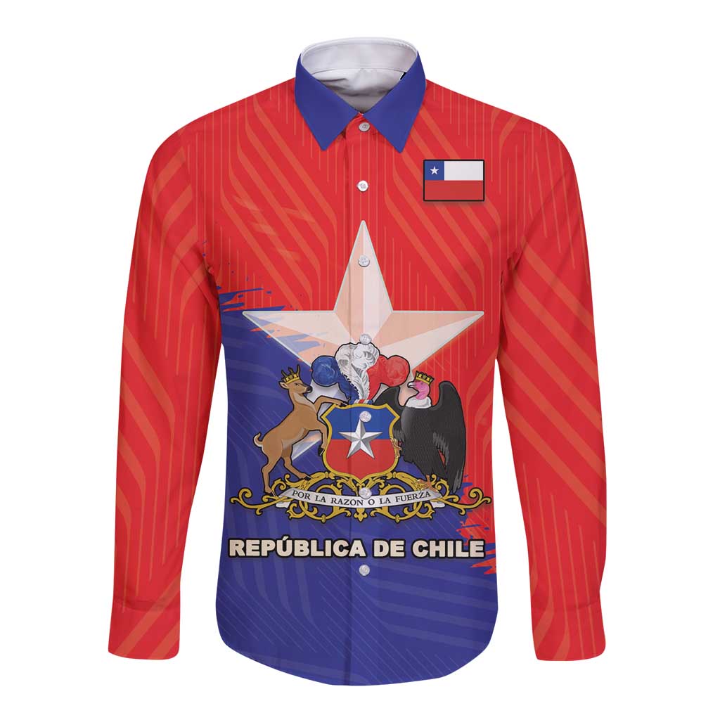 Long sleeve button shirt with Chile flag crest, red and blue front panel