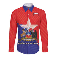 Long sleeve button shirt with Chile flag crest, red and blue front panel