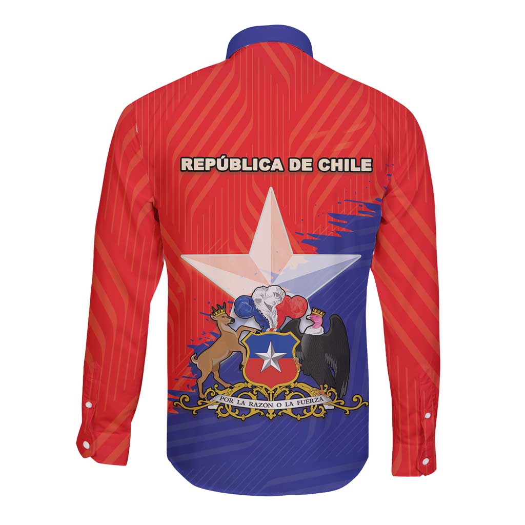 Long sleeve button shirt back with Chile crest text, red and blue