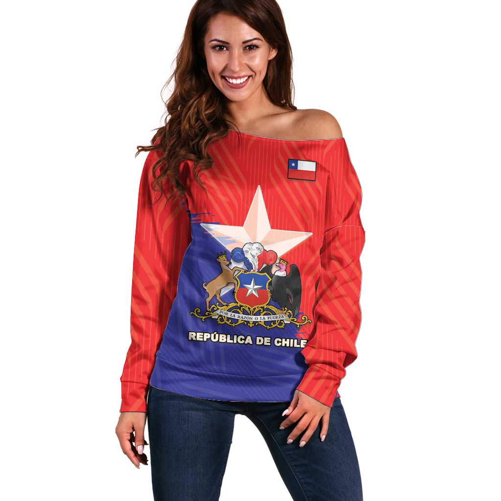 Chile Coat Of Arms Off Shoulder Sweater With Flag Style - Wonder Print Shop