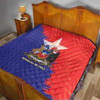 Chile flag quilt with coat of arms, red and blue quilt over bed with white star