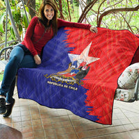 Chile flag quilt with coat of arms, red and blue quilted flag with white star