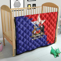 Chile flag quilt with coat of arms, red/blue diamonds and white star on crib