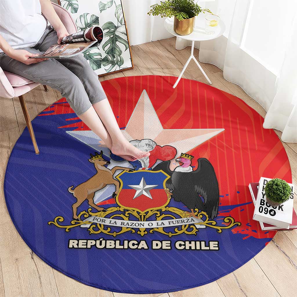 Round Chile flag-style rug with coat of arms center and 'REPUBLICA DE CHILE' banner