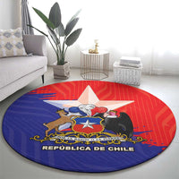 Round blue and red Chile crest rug with white star and 'REPUBLICA DE CHILE' text
