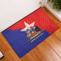 Rubber doormat with Chile flag coat of arms, red and blue, black edge.