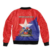 Unisex zip bomber jacket with Chile coat of arms graphic, red back and ribbed hem