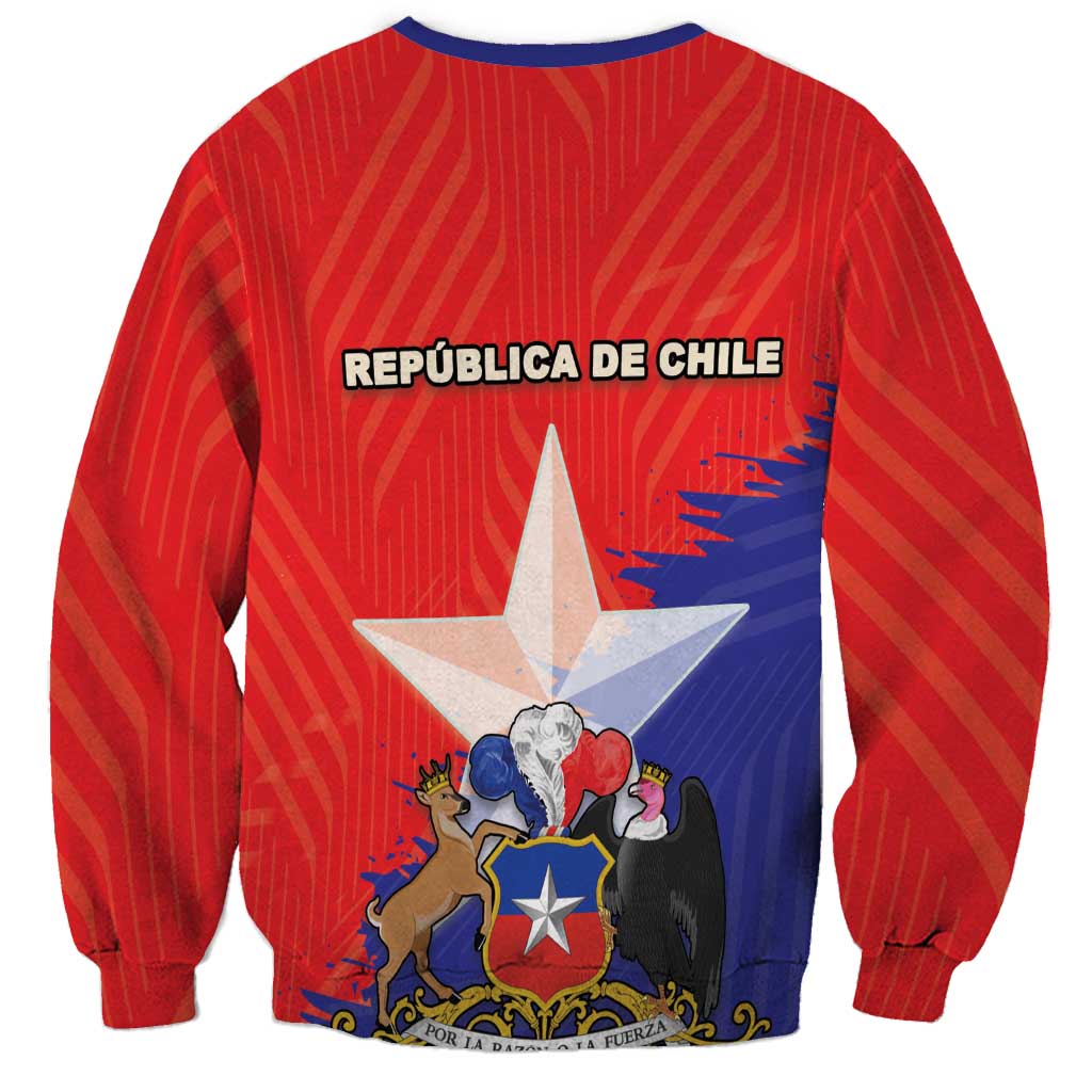 Red sweatshirt with Chile coat of arms and flag-style graphic