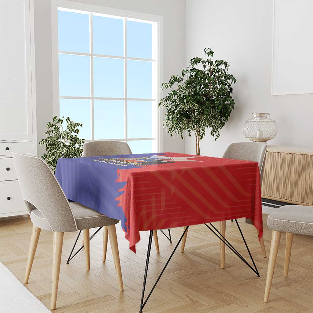 Red and blue Chile flag tablecloth on dining table with chairs
