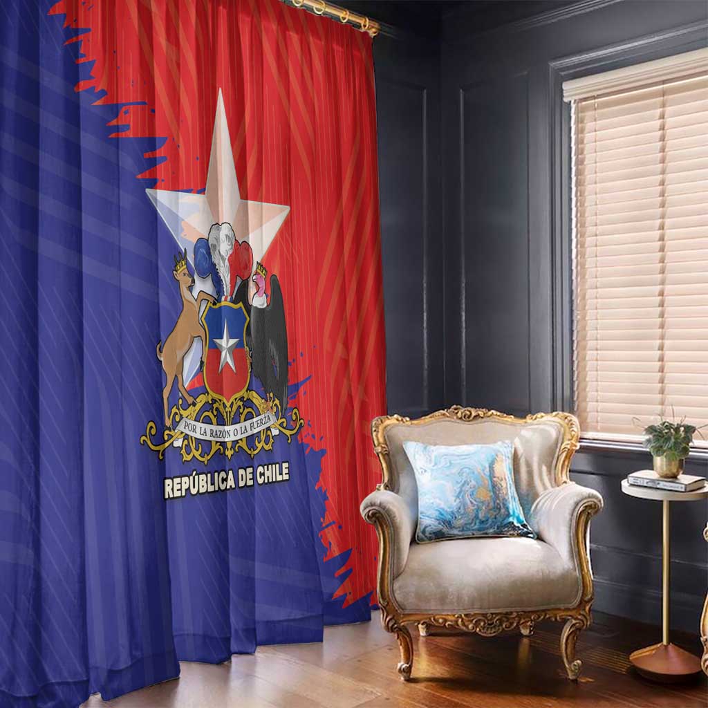 Chile window curtain panel set with coat of arms and flag-style red and blue print