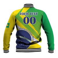 Unisex baseball jacket, ribbed collar and cuffs, green/yellow/blue back graphic with 00