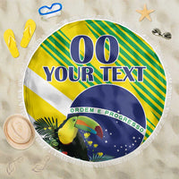 Round Brazil-themed beach blanket with fringe, toucan, “YOUR TEXT” and blue “00” circle