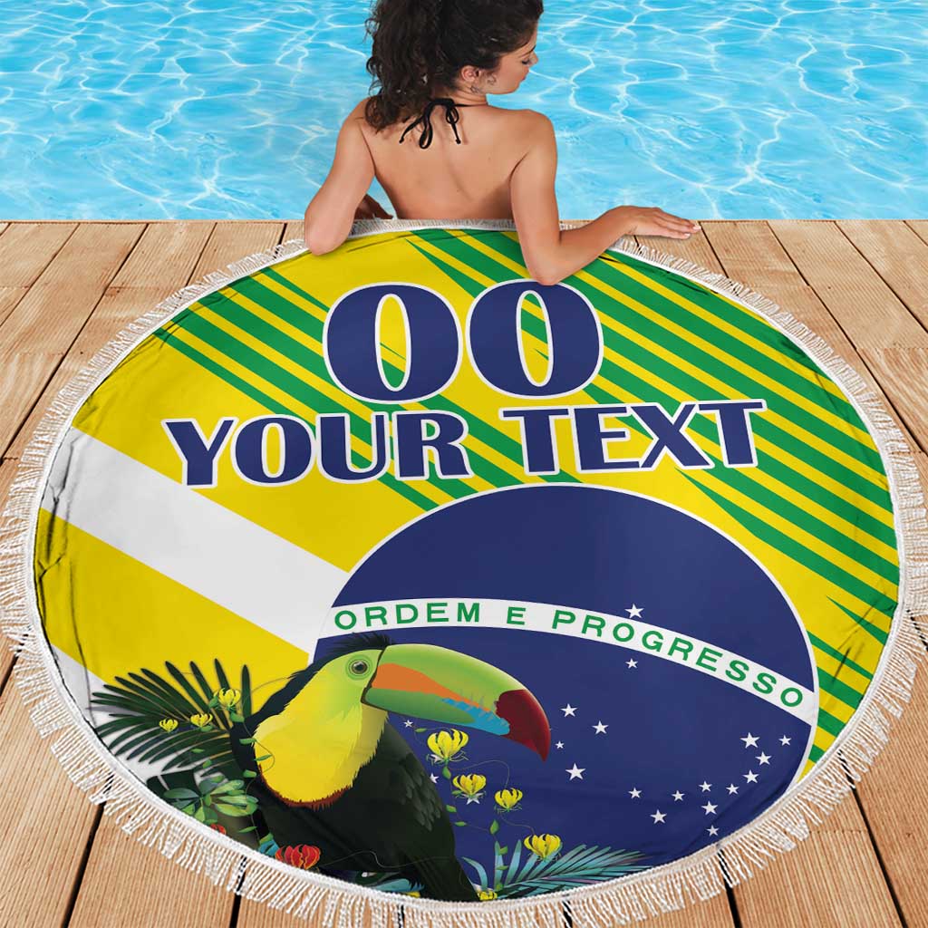 Round Brazil Independence Day beach blanket with fringe, toucan art, blue “00” and “YOUR TEXT”