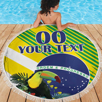 Round Brazil Independence Day beach blanket with fringe, toucan art, blue “00” and “YOUR TEXT”