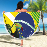 Brazil round beach blanket with fringe, toucan graphic, blue “00” circle and green stripe background