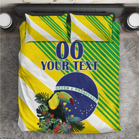 Brazil-themed bedding set with yellow/green diagonal stripes, toucan, and blue circular emblem