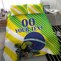 Brazil bedding set with toucan and tropical flowers, green striped background, blue emblem
