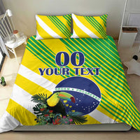 Brazil flag bedding set with toucan, green diagonal stripes, blue circle and “ORDEM E PROGRESSO”
