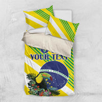 Brazil bedding set with yellow/green stripes, toucan and floral design, “YOUR TEXT” display