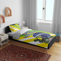 Brazil-themed duvet and pillow set with toucan, green diagonal stripes, blue emblem on bed