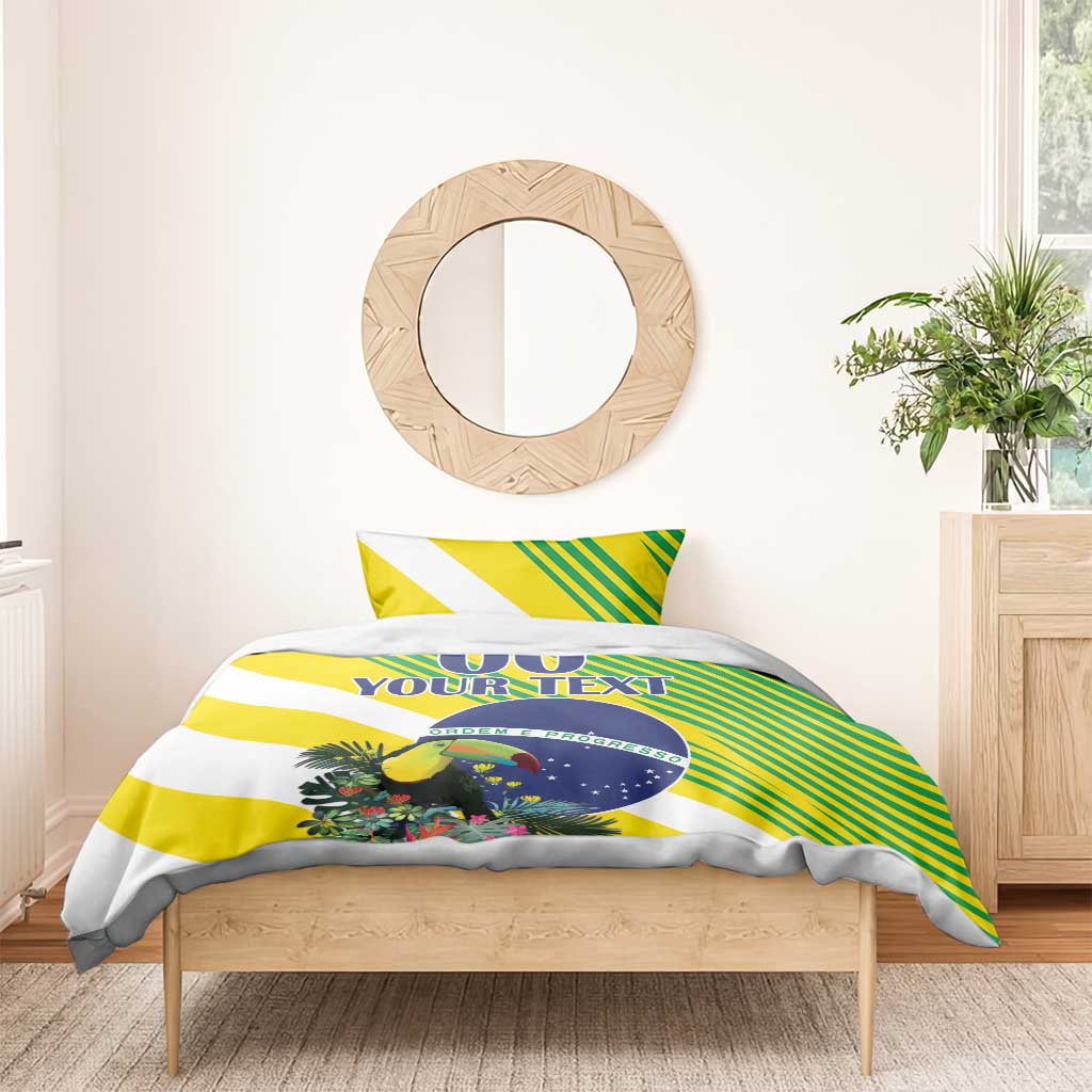 Brazil bedding set with toucan art, yellow and green stripes, blue circular seal and “YOUR TEXT”