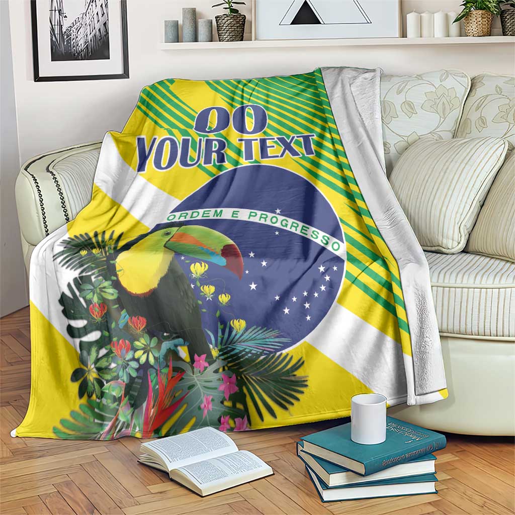 Brazil toucan throw blanket, yellow-green stripes with “YOUR TEXT” and blue emblem
