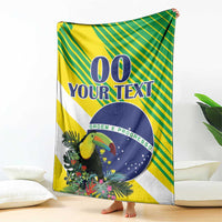 Yellow and green Brazil-style toucan blanket with blue circle and “YOUR TEXT”