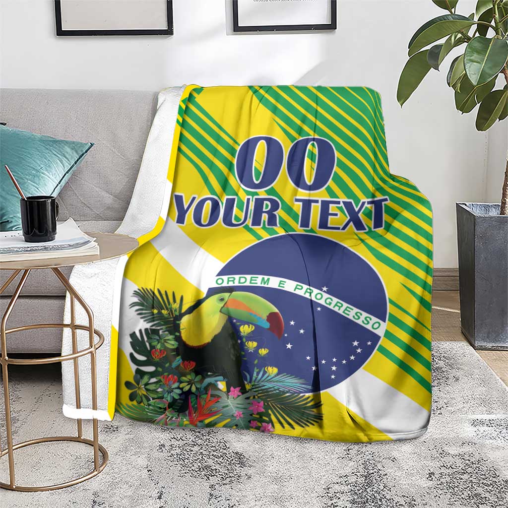 Yellow and green Brazil toucan blanket with blue circle stars and “YOUR TEXT”