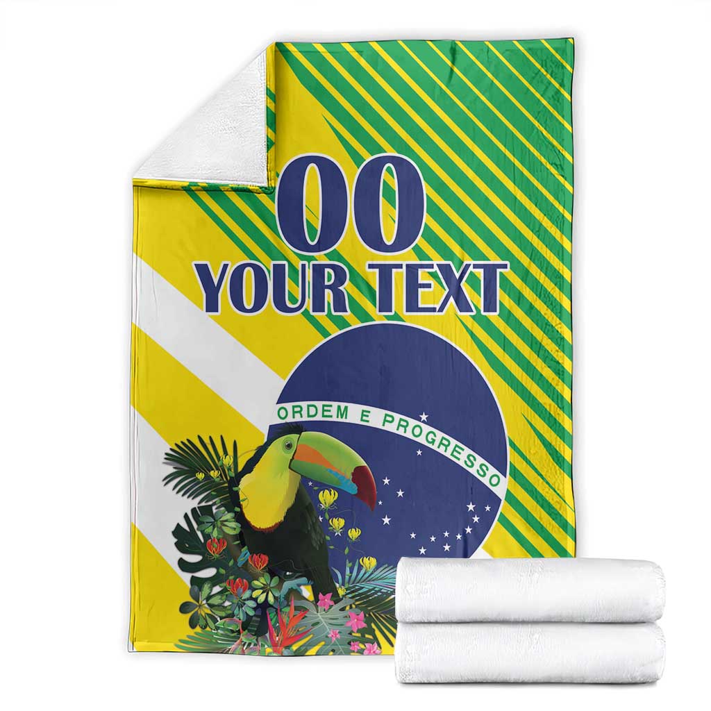 Stacked Brazil toucan blanket, yellow-green striped design with blue emblem and “YOUR TEXT”