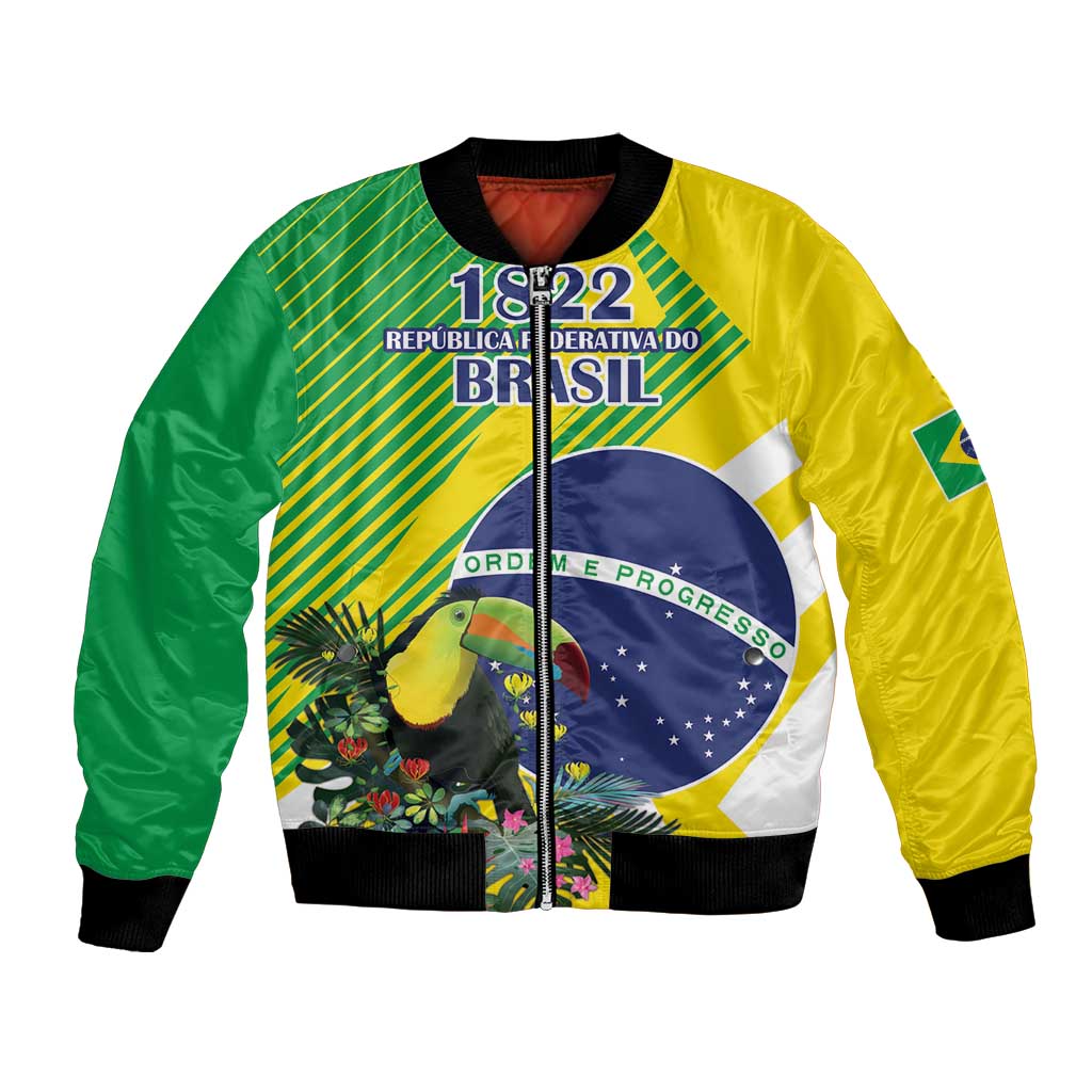 Unisex bomber jacket with Brazil emblem and 1822 text, yellow-green, black ribbed cuffs