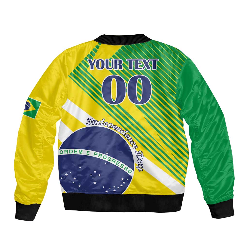 Unisex bomber jacket with Brazil graphic, yellow and green, black ribbed collar