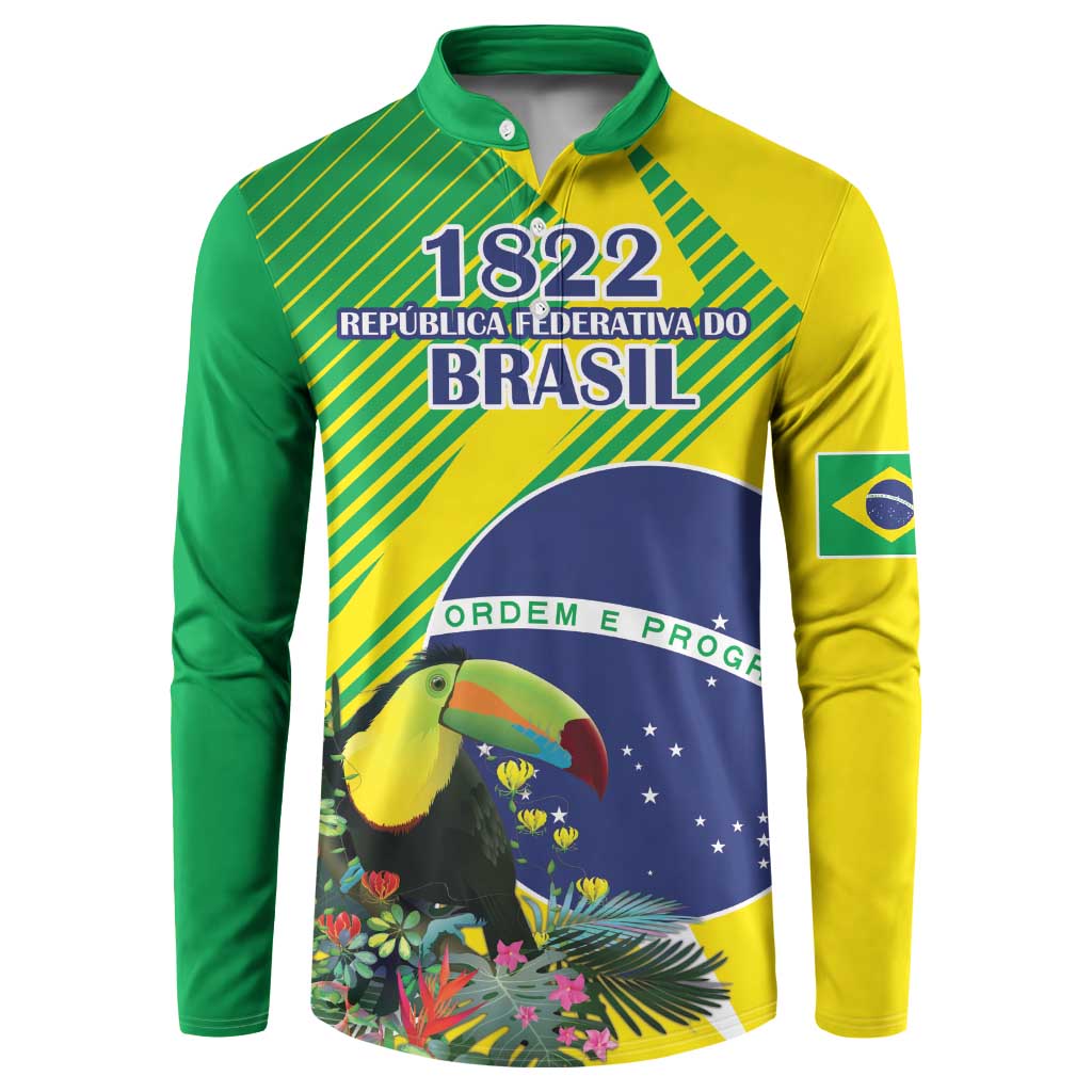 Brazil flag button sweatshirt with 1822 graphic, toucan, green/yellow/blue panels
