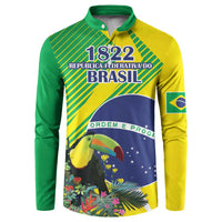 Brazil flag button sweatshirt with 1822 graphic, toucan, green/yellow/blue panels
