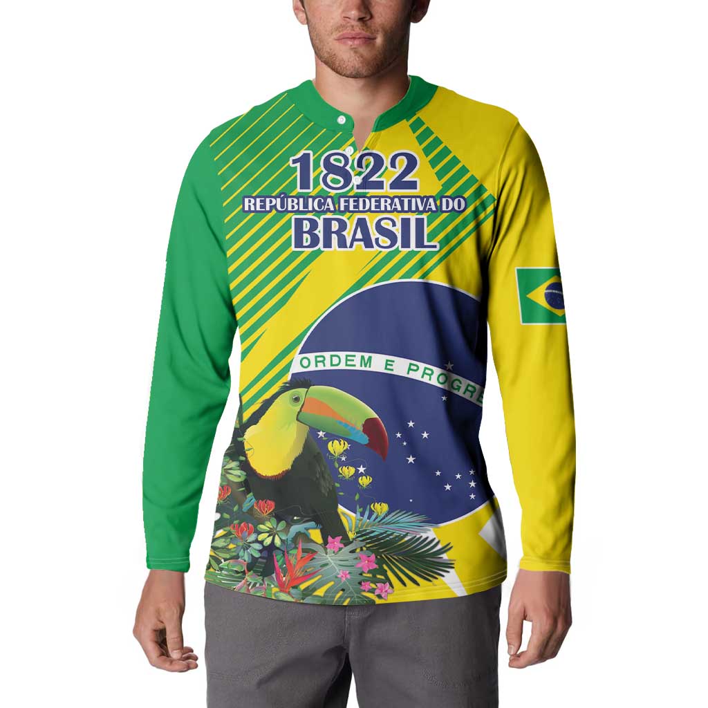 Brazil flag long-sleeve sweatshirt with 1822 Brasil print, Order e Progresso, toucan