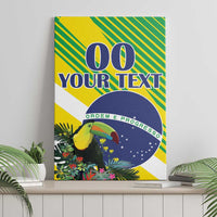Framed canvas wall art featuring toucan, green/yellow Brazil design, custom text