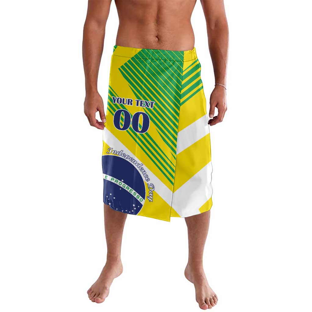 Brazil flag-style sarong with green, yellow, white stripes and blue emblem, yellow-green trim