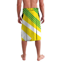Brazil flag-style sarong with diagonal green and yellow stripes over white, hem edge detail