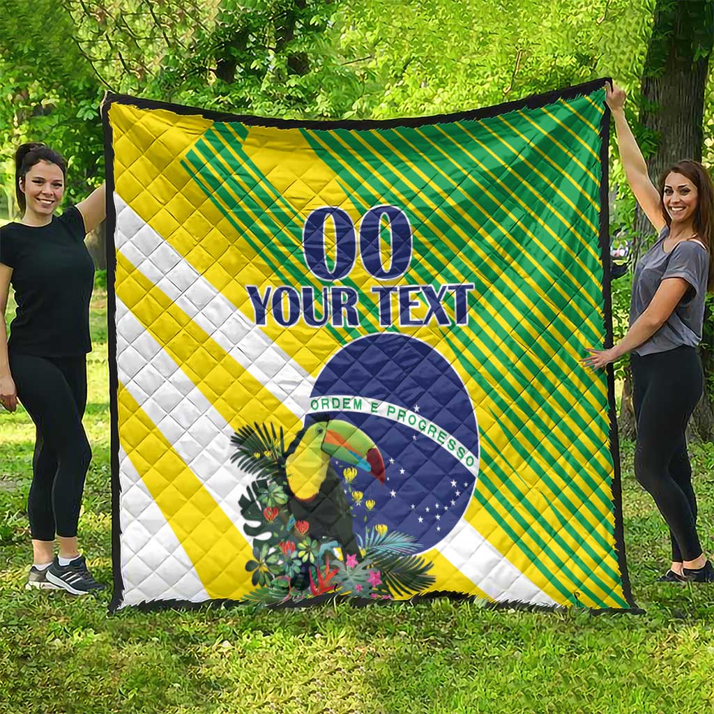 Large yellow-green quilt with white diagonal stripe, blue “00 YOUR TEXT” and round “ORDEM E PROGRESSO”