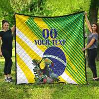 Large yellow-green quilt with white diagonal stripe, blue “00 YOUR TEXT” and round “ORDEM E PROGRESSO”