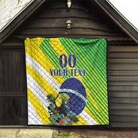 Quilt with Brazilian flag colors, diagonal stripes, blue “00 YOUR TEXT” and toucan floral graphic