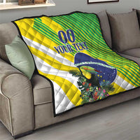 Sofa throw quilt with green-striped background, white stripe, blue “00 YOUR TEXT” and toucan flowers