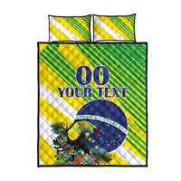 Toucan-themed quilt bed set with two pillow shams, green-yellow stripes and blue emblem