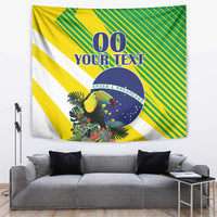 Brazil-themed tapestry with toucan, green-yellow stripes and circular blue emblem