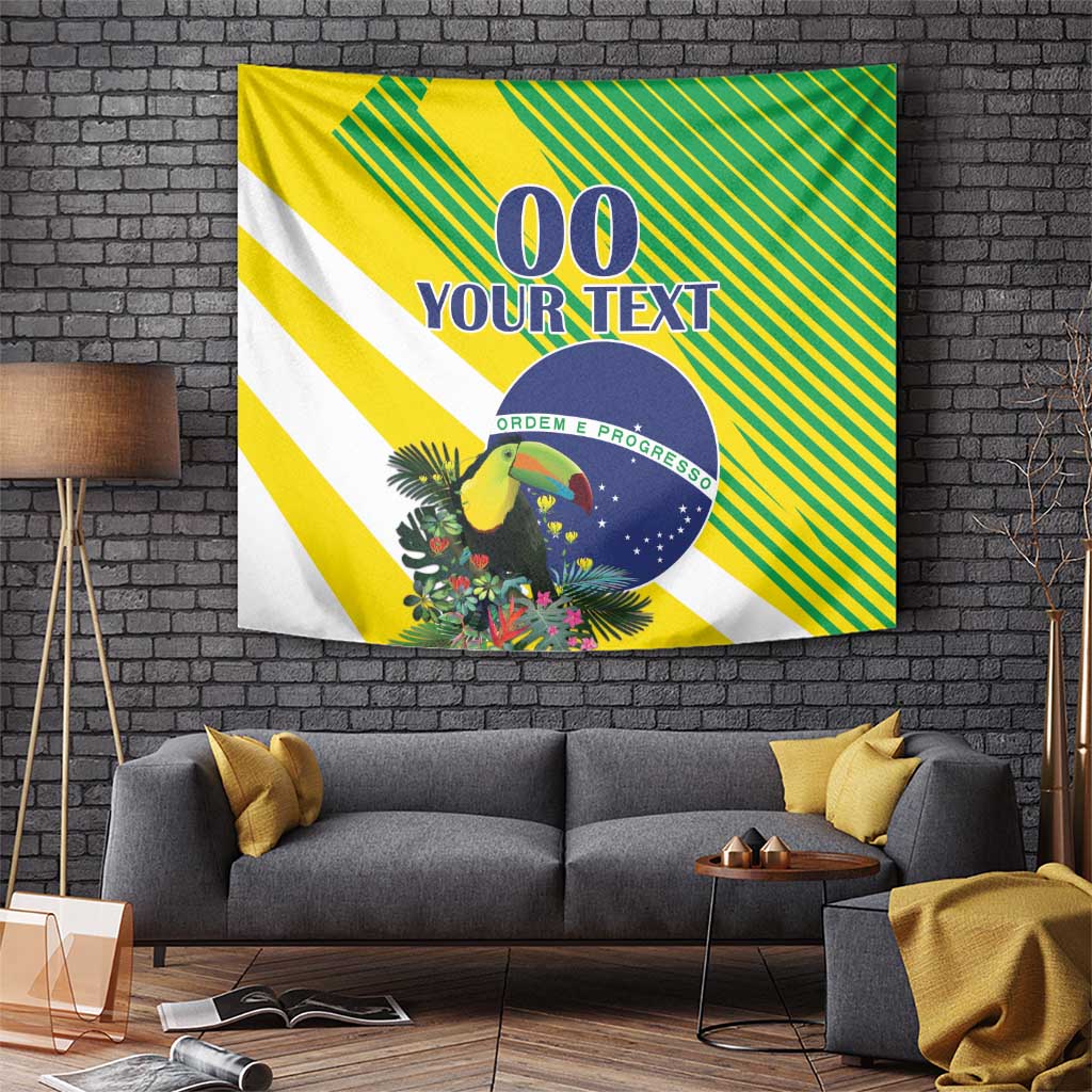 Brazil-themed tapestry with toucan, green-yellow diagonal stripes and blue circle emblem